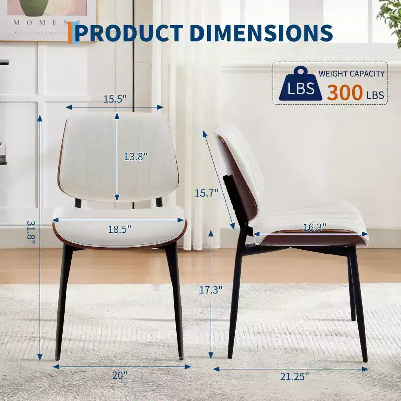 Lot de 2 chaises de salle à manger en bois, chaises d'appoint modernes rembourrées en cuir PU avec lanières en forme de coquille, dossier en bois courbé de noyer et pieds en métal, pour salle à manger
