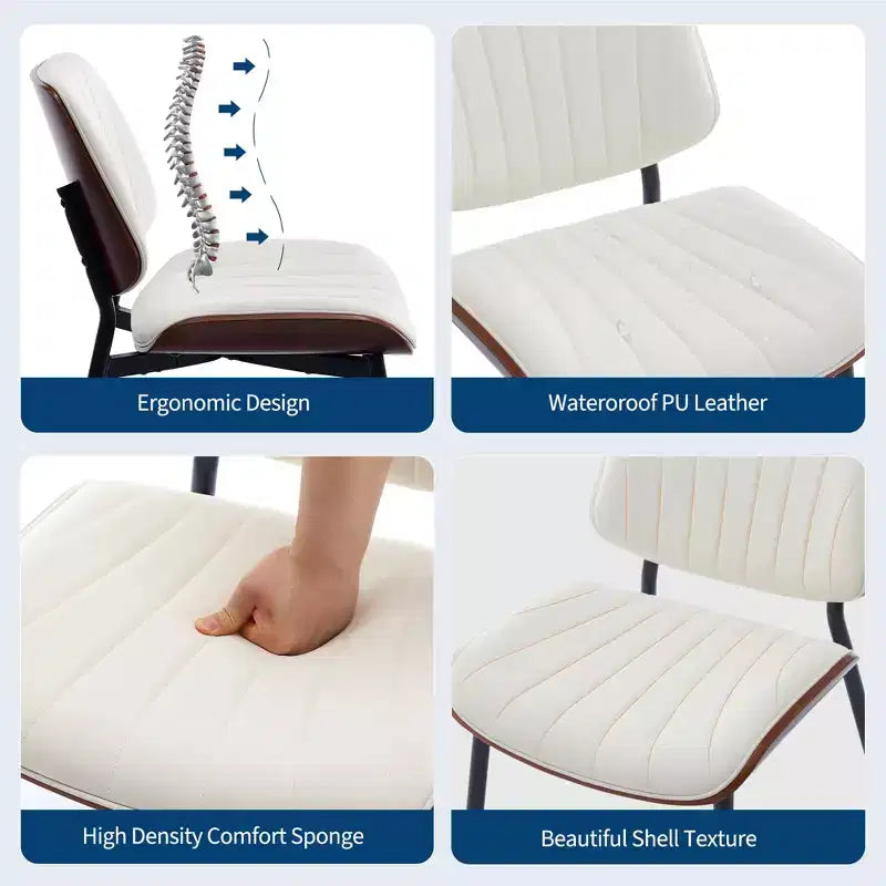Lot de 2 chaises de salle à manger en bois, chaises d'appoint modernes rembourrées en cuir PU avec lanières en forme de coquille, dossier en bois courbé de noyer et pieds en métal, pour salle à manger