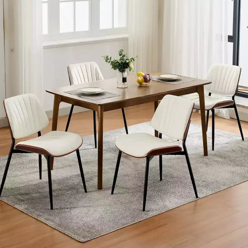 Lot de 2 chaises de salle à manger en bois, chaises d'appoint modernes rembourrées en cuir PU avec lanières en forme de coquille, dossier en bois courbé de noyer et pieds en métal, pour salle à manger