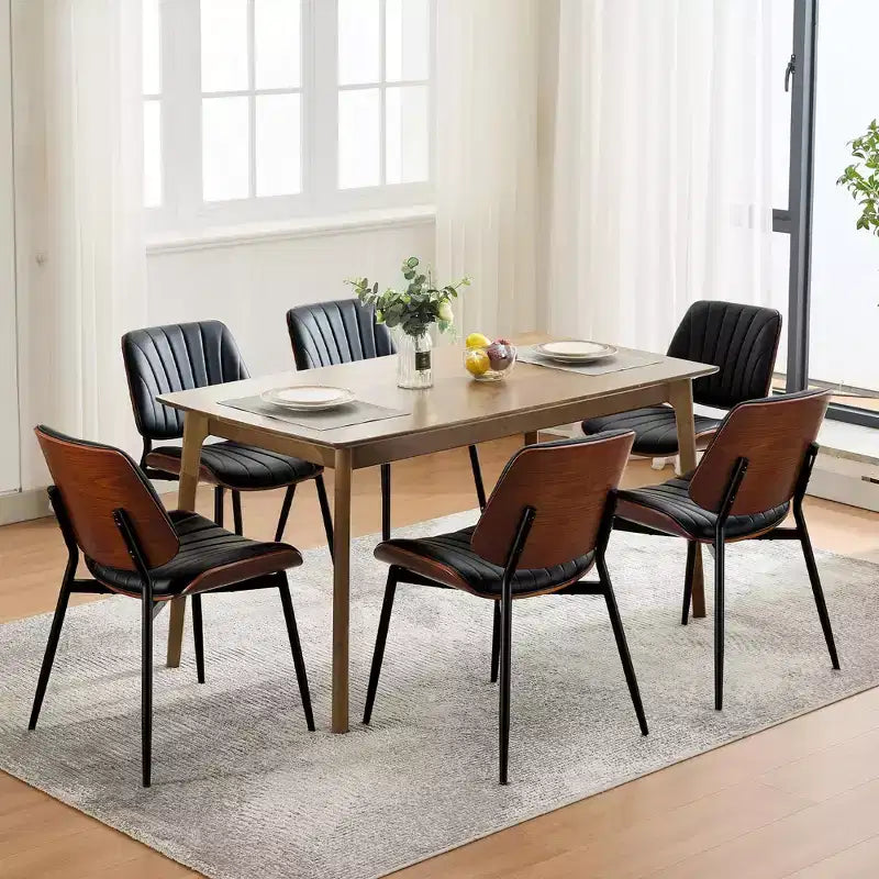 Lot de 2 chaises de salle à manger en bois, chaises d'appoint modernes rembourrées en cuir PU avec lanières en forme de coquille, dossier en bois courbé de noyer et pieds en métal, pour salle à manger