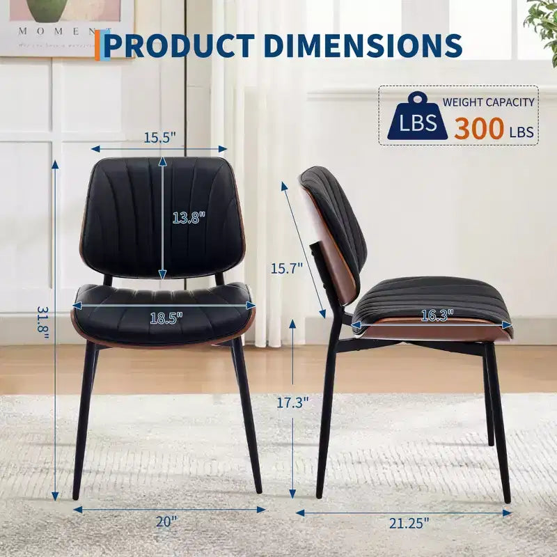 Lot de 2 chaises de salle à manger en bois, chaises d'appoint modernes rembourrées en cuir PU avec lanières en forme de coquille, dossier en bois courbé de noyer et pieds en métal, pour salle à manger