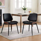 Lot de 2 chaises de salle à manger en bois, chaises d'appoint modernes rembourrées en cuir PU avec lanières en forme de coquille, dossier en bois courbé de noyer et pieds en métal, pour salle à manger
