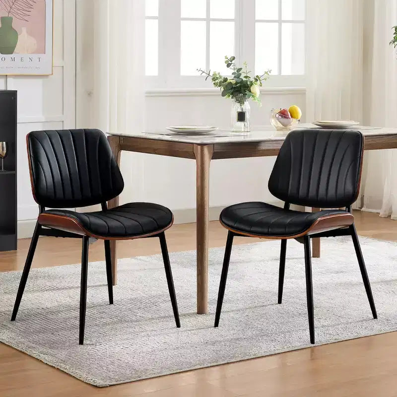 Lot de 2 chaises de salle à manger en bois, chaises d'appoint modernes rembourrées en cuir PU avec lanières en forme de coquille, dossier en bois courbé de noyer et pieds en métal, pour salle à manger