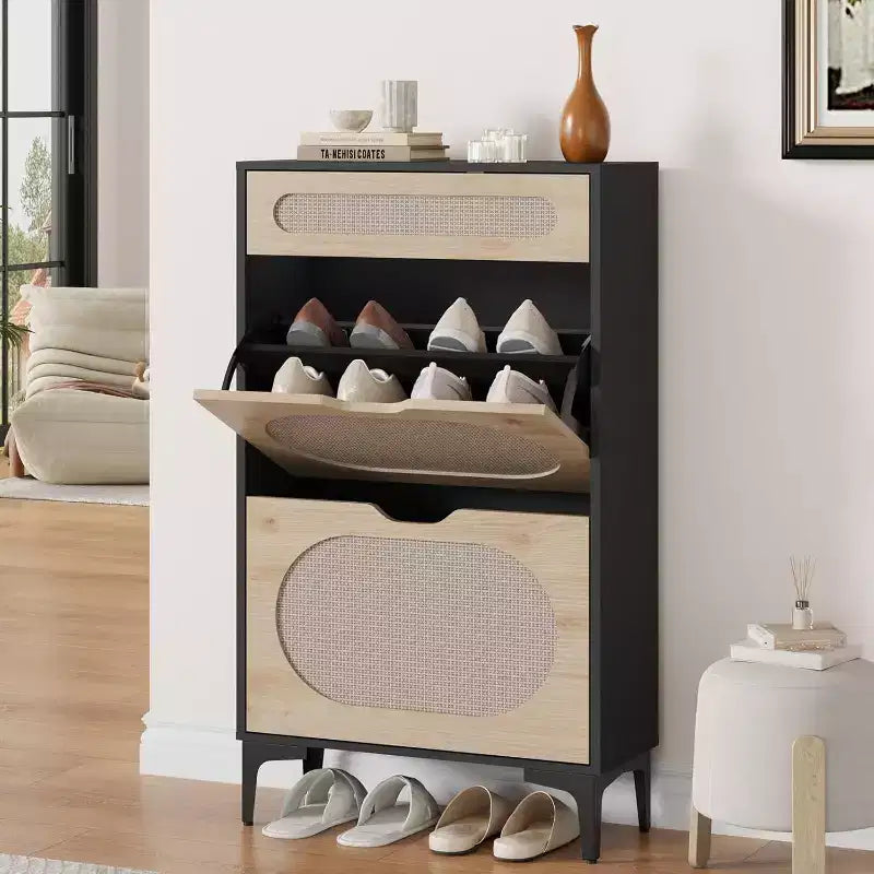 Rattan Shoe Cabinet with 2 Flip Drawers & 1 Pull-Out Drawer, 3 Adjustable Shelves, Narrow Freestanding Entryway Storage Cabinet, Wood