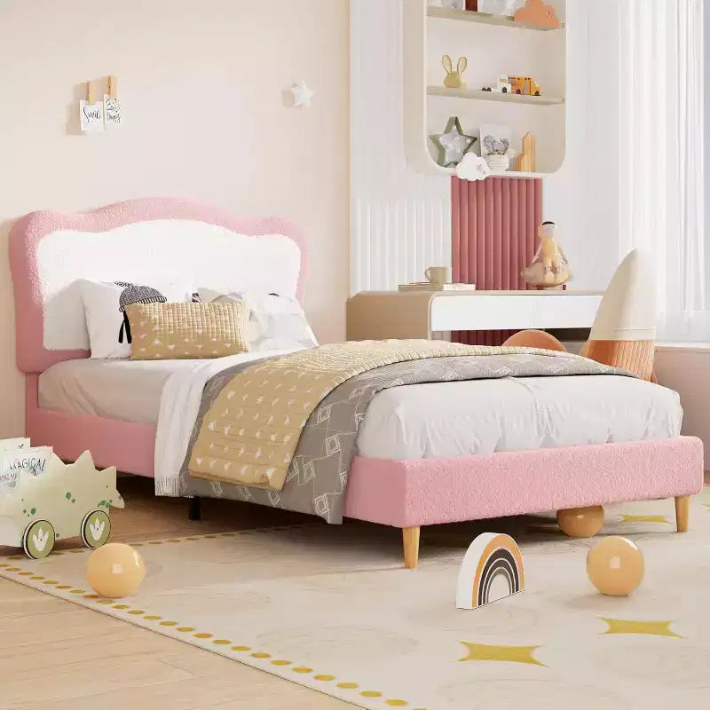 Cadre de lit double/complet pour enfants avec tête de lit festonnée bicolore en velours