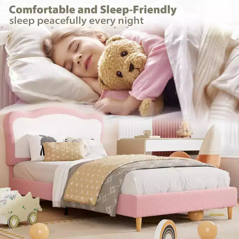 Cadre de lit double/complet pour enfants avec tête de lit festonnée bicolore en velours