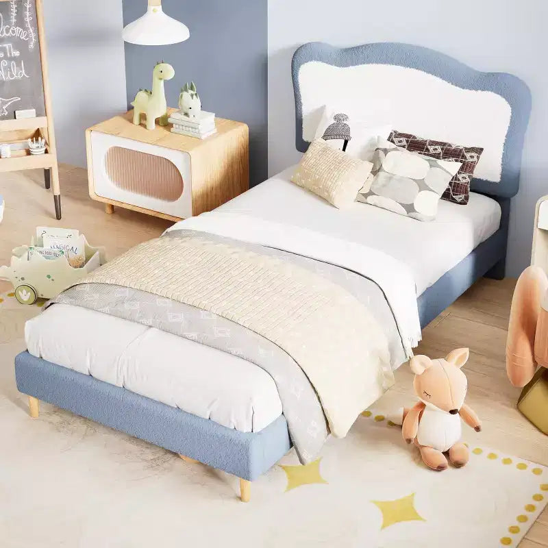 Cadre de lit double/complet pour enfants avec tête de lit festonnée bicolore en velours