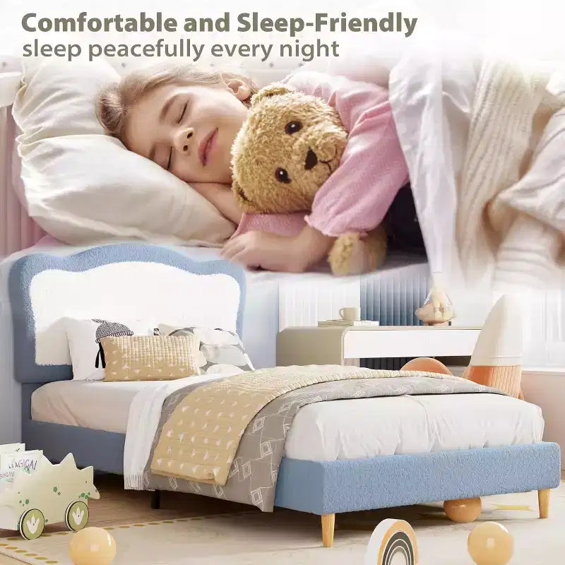 Cadre de lit double/complet pour enfants avec tête de lit festonnée bicolore en velours