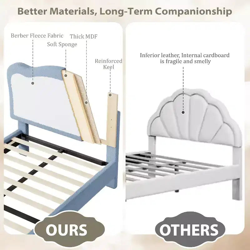 Cadre de lit double/complet pour enfants avec tête de lit festonnée bicolore en velours