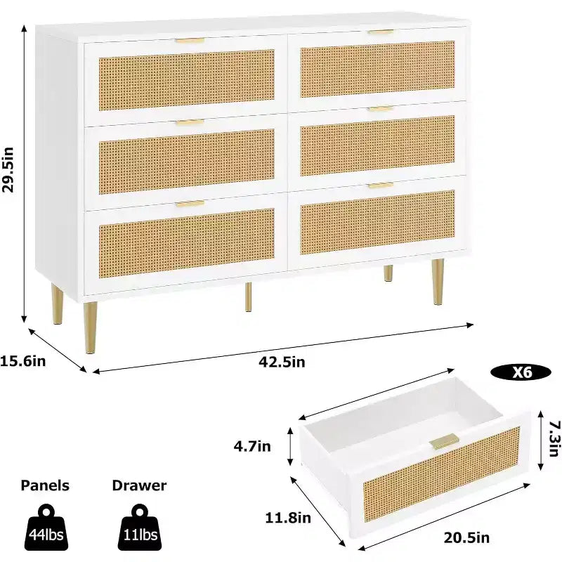 Armoire de rangement en rotin à 6 tiroirs de 29,5 po, buffet large avec grand plateau, conception anti-basculement pour chambre et salon