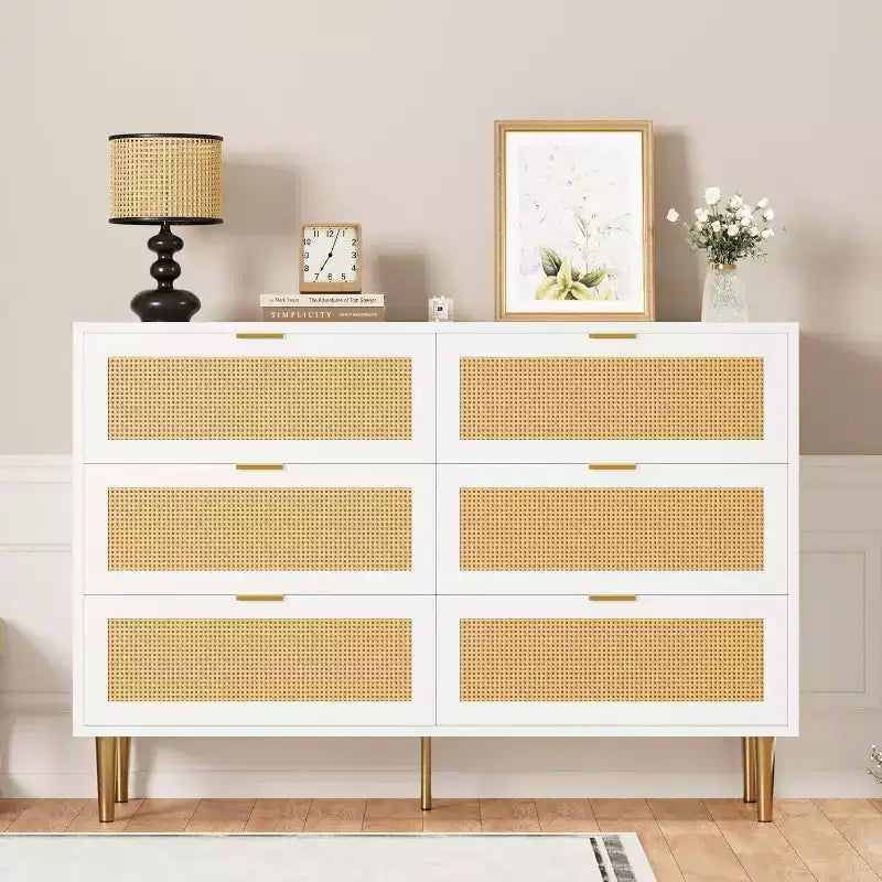 Armoire de rangement en rotin à 6 tiroirs de 29,5 po, buffet large avec grand plateau, conception anti-basculement pour chambre et salon