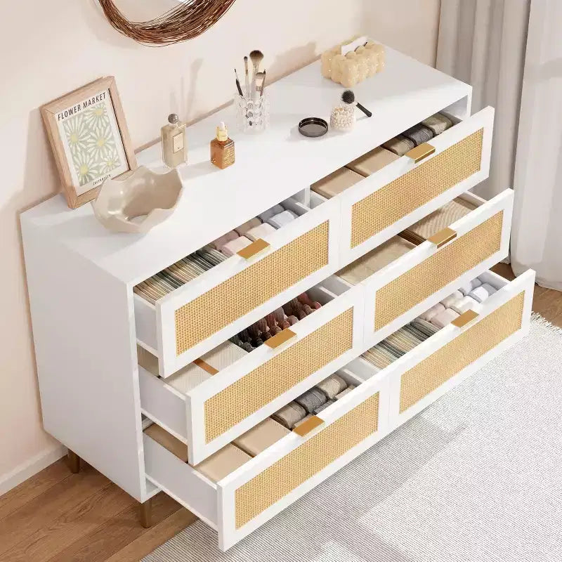 Armoire de rangement en rotin à 6 tiroirs de 29,5 po, buffet large avec grand plateau, conception anti-basculement pour chambre et salon