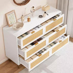 Armoire de rangement en rotin à 6 tiroirs de 29,5 po, buffet large avec grand plateau, conception anti-basculement pour chambre et salon
