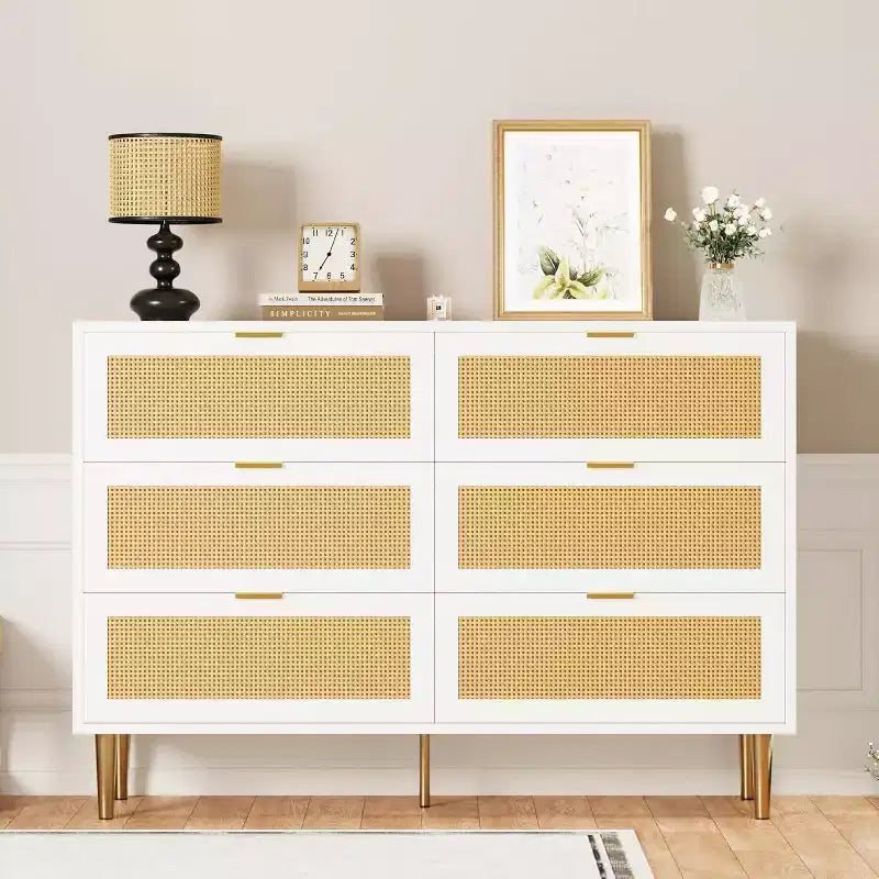Armoire de rangement en rotin à 6 tiroirs de 29,5 po, buffet large avec grand plateau, conception anti-basculement pour chambre et salon