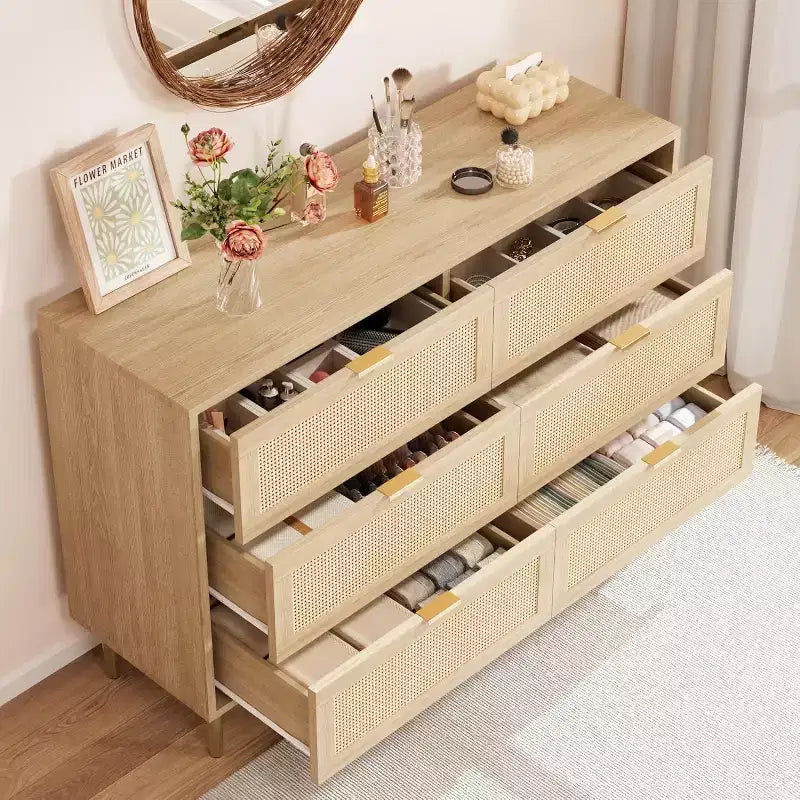Armoire de rangement en rotin à 6 tiroirs de 29,5 po, buffet large avec grand plateau, conception anti-basculement pour chambre et salon