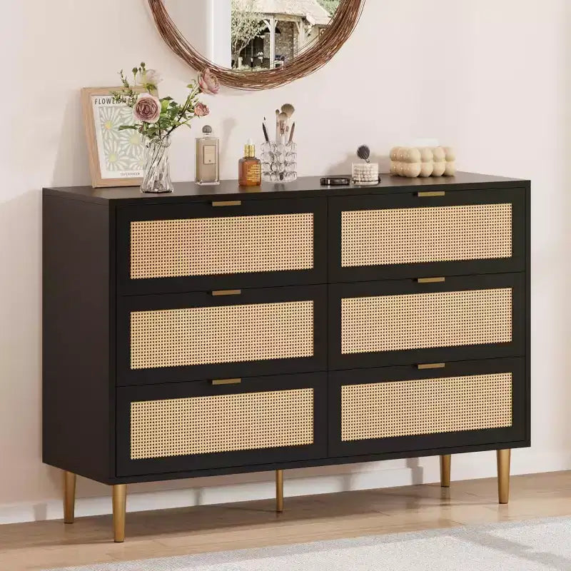 Armoire de rangement en rotin à 6 tiroirs de 29,5 po, buffet large avec grand plateau, conception anti-basculement pour chambre et salon