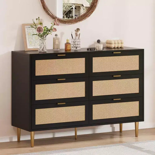 Armoire de rangement en rotin à 6 tiroirs de 29,5 po, buffet large avec grand plateau, conception anti-basculement pour chambre et salon