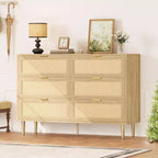 Armoire de rangement en rotin à 6 tiroirs de 29,5 po, buffet large avec grand plateau, conception anti-basculement pour chambre et salon