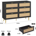 Armoire de rangement en rotin à 6 tiroirs de 29,5 po, buffet large avec grand plateau, conception anti-basculement pour chambre et salon