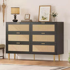 Armoire de rangement en rotin à 6 tiroirs de 29,5 po, buffet large avec grand plateau, conception anti-basculement pour chambre et salon