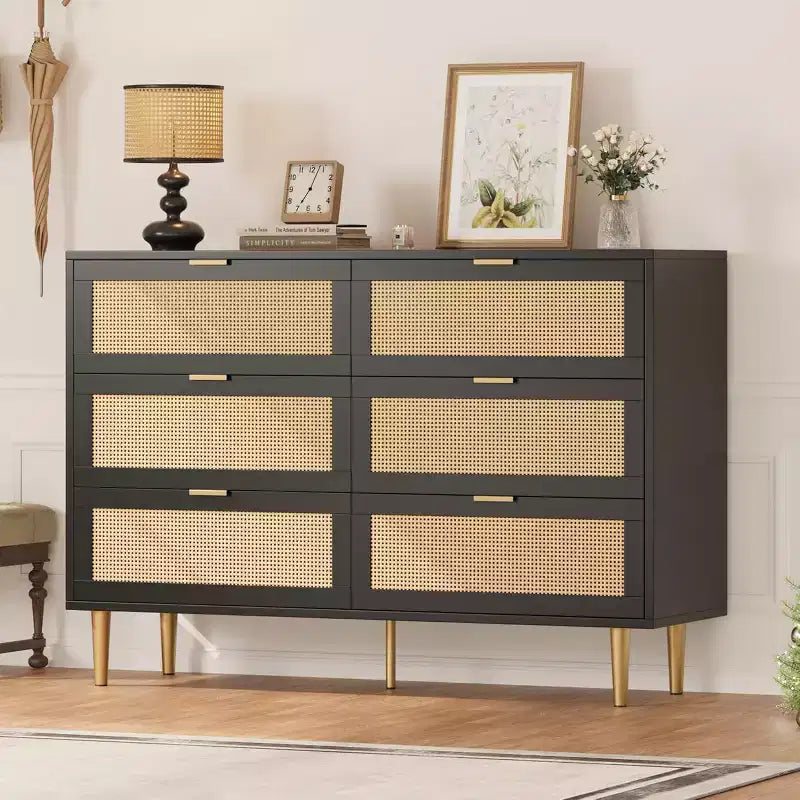 Armoire de rangement en rotin à 6 tiroirs de 29,5 po, buffet large avec grand plateau, conception anti-basculement pour chambre et salon