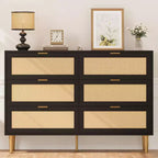 Armoire de rangement en rotin à 6 tiroirs de 29,5 po, buffet large avec grand plateau, conception anti-basculement pour chambre et salon