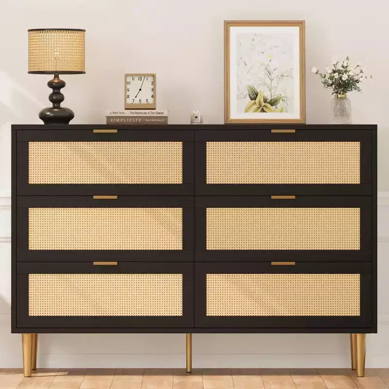 Armoire de rangement en rotin à 6 tiroirs de 29,5 po, buffet large avec grand plateau, conception anti-basculement pour chambre et salon