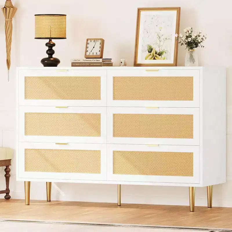 Armoire de rangement en rotin à 6 tiroirs de 29,5 po, buffet large avec grand plateau, conception anti-basculement pour chambre et salon