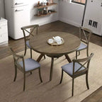Table à manger ronde moderne Okak avec piédestal en tréteaux, table en bois pour salle à manger, restaurant