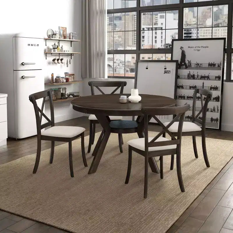 Table à manger ronde moderne Okak avec piédestal en tréteaux, table en bois pour salle à manger, restaurant