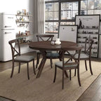 Table à manger ronde moderne Okak avec piédestal en tréteaux, table en bois pour salle à manger, restaurant
