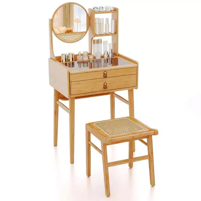 Costway 23.5 Compact Makeup Table Set with 2 Drawers Open Storage Shelves Vanity Stool