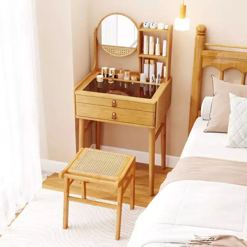 Costway Table de Maquillage Compacte 23,5" avec 2 Tiroirs, Étagères de Rangement Ouvertes et Tabouret