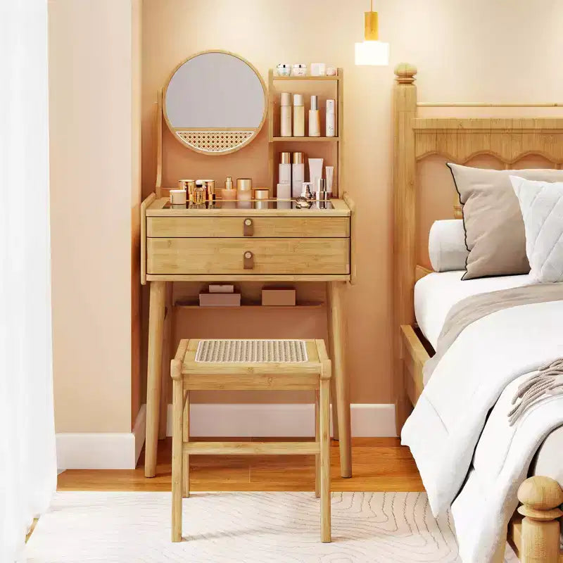 Costway Table de Maquillage Compacte 23,5" avec 2 Tiroirs, Étagères de Rangement Ouvertes et Tabouret