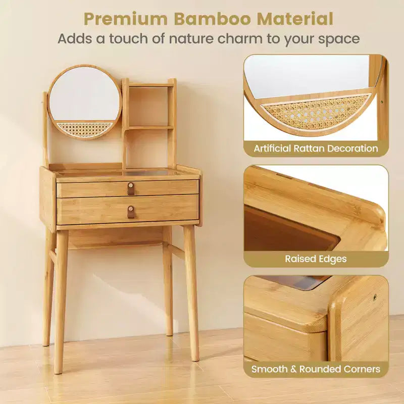 Costway Table de Maquillage Compacte 23,5" avec 2 Tiroirs, Étagères de Rangement Ouvertes et Tabouret
