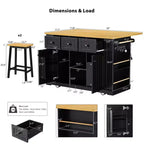 Grand îlot de cuisine roulant CLIHOME avec 2 tabourets de bar, prise de courant, porte de rangement interne, 5 étagères latérales ouvertes