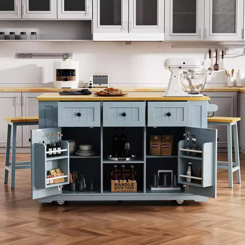 Grand îlot de cuisine roulant CLIHOME avec 2 tabourets de bar, prise de courant, porte de rangement interne, 5 étagères latérales ouvertes