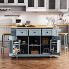 Grand îlot de cuisine roulant CLIHOME avec 2 tabourets de bar, prise de courant, porte de rangement interne, 5 étagères latérales ouvertes