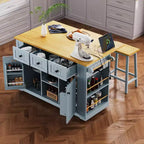 Grand îlot de cuisine roulant CLIHOME avec 2 tabourets de bar, prise de courant, porte de rangement interne, 5 étagères latérales ouvertes