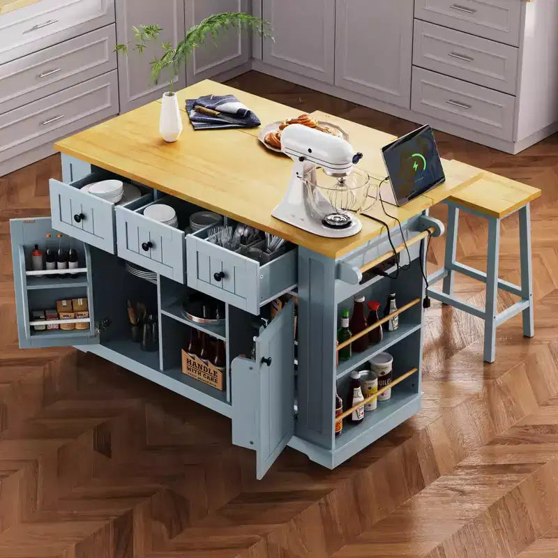 Grand îlot de cuisine roulant CLIHOME avec 2 tabourets de bar, prise de courant, porte de rangement interne, 5 étagères latérales ouvertes