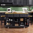 Grand îlot de cuisine roulant CLIHOME avec 2 tabourets de bar, prise de courant, porte de rangement interne, 5 étagères latérales ouvertes