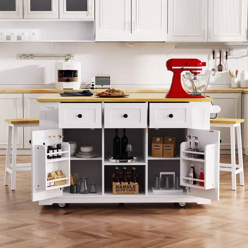 Grand îlot de cuisine roulant CLIHOME avec 2 tabourets de bar, prise de courant, porte de rangement interne, 5 étagères latérales ouvertes