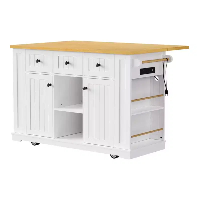 Grand îlot de cuisine roulant CLIHOME avec 2 tabourets de bar, prise de courant, porte de rangement interne, 5 étagères latérales ouvertes