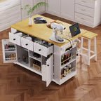Grand îlot de cuisine roulant CLIHOME avec 2 tabourets de bar, prise de courant, porte de rangement interne, 5 étagères latérales ouvertes