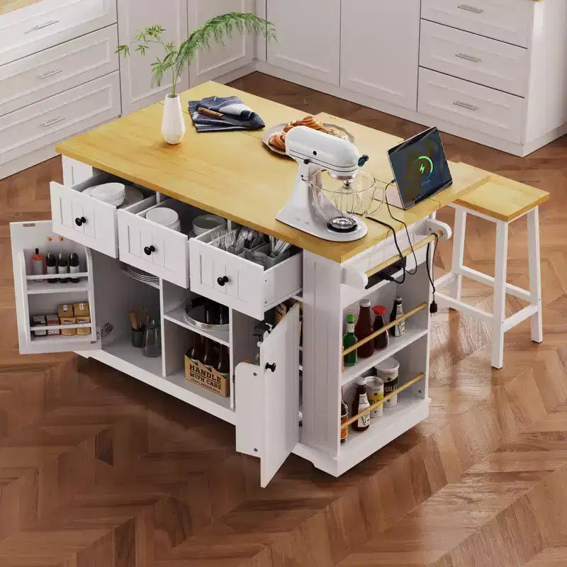 Grand îlot de cuisine roulant CLIHOME avec 2 tabourets de bar, prise de courant, porte de rangement interne, 5 étagères latérales ouvertes