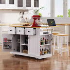 Grand îlot de cuisine roulant CLIHOME avec 2 tabourets de bar, prise de courant, porte de rangement interne, 5 étagères latérales ouvertes