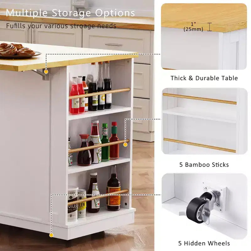 Grand îlot de cuisine roulant CLIHOME avec 2 tabourets de bar, prise de courant, porte de rangement interne, 5 étagères latérales ouvertes