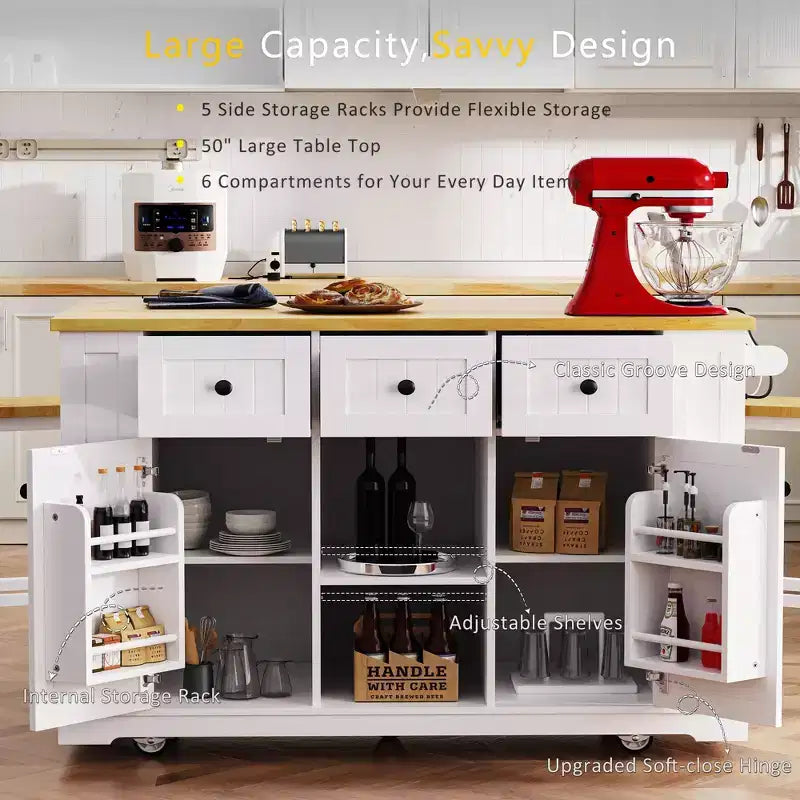 Grand îlot de cuisine roulant CLIHOME avec 2 tabourets de bar, prise de courant, porte de rangement interne, 5 étagères latérales ouvertes
