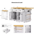 Grand îlot de cuisine roulant CLIHOME avec 2 tabourets de bar, prise de courant, porte de rangement interne, 5 étagères latérales ouvertes