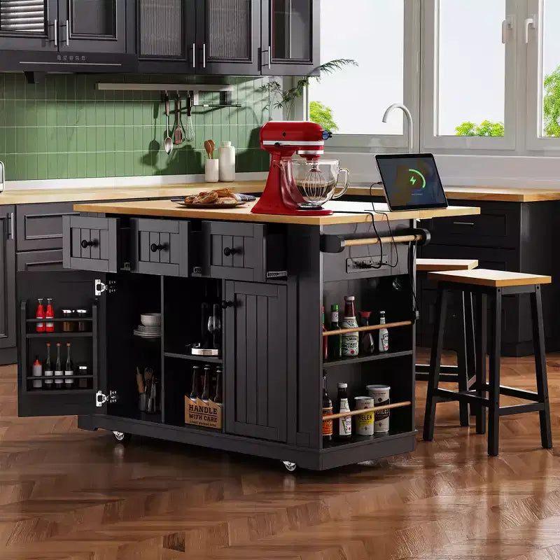 Grand îlot de cuisine roulant CLIHOME avec 2 tabourets de bar, prise de courant, porte de rangement interne, 5 étagères latérales ouvertes